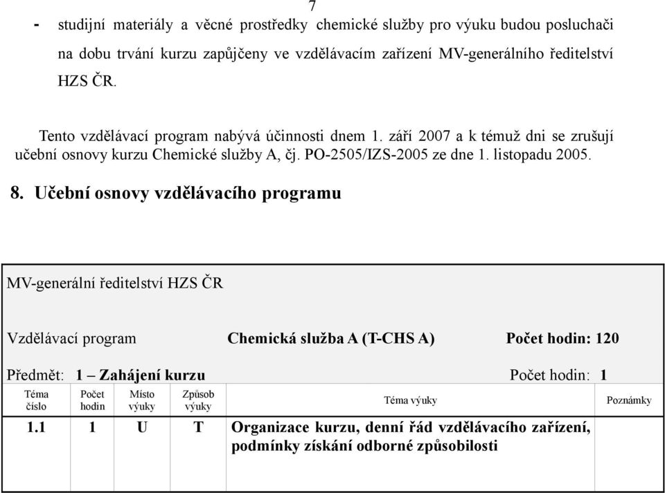 září 2007 a k témuž dni se zrušují učební osnovy kurzu Chemické služby A, čj. PO-2505/IZS-2005 ze dne 1. listopadu 2005. 8.