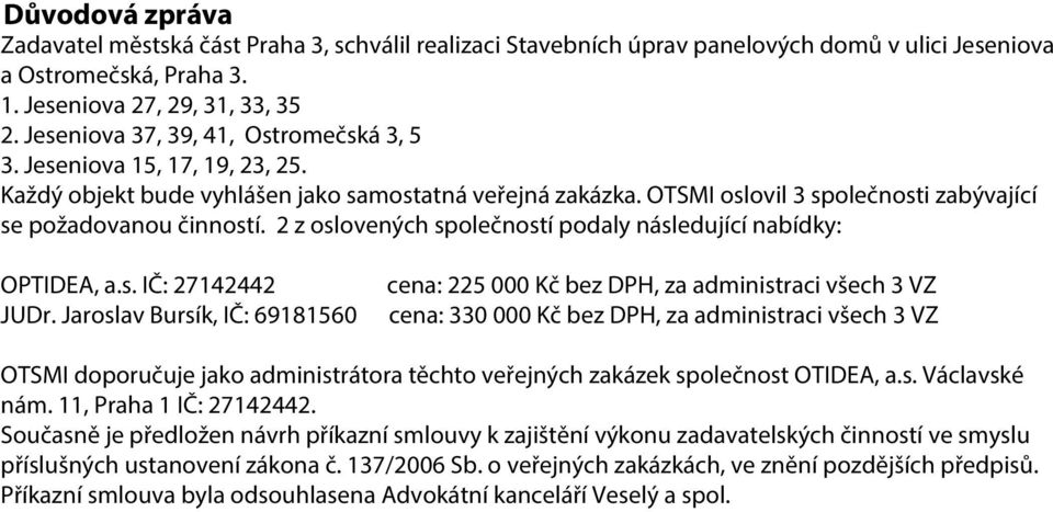 2 z oslovených společností podaly následující nabídky: OPTIDEA, a.s. IČ: 27142442 JUDr.