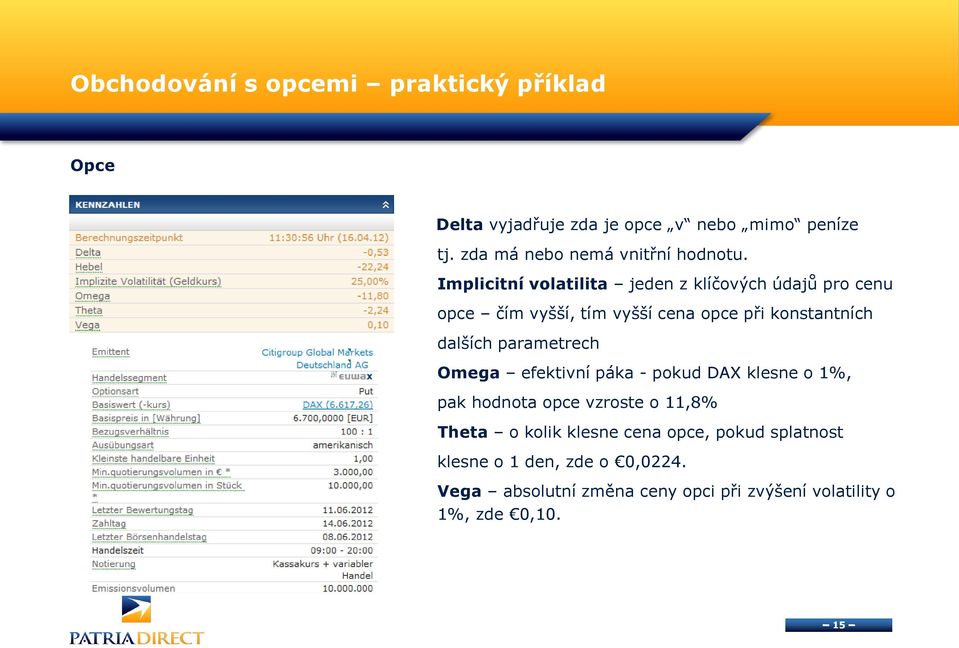 Implicitní volatilita jeden z klíčových údajů pro cenu opce čím vyšší, tím vyšší cena opce při konstantních dalších