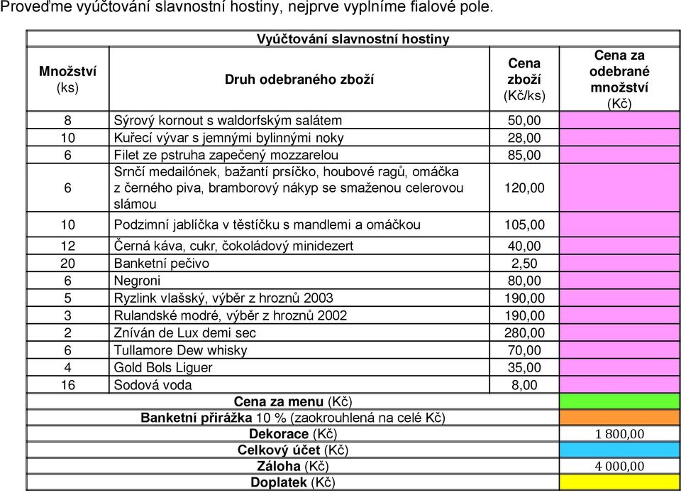 se smaženou celerovou 120,00 10 Podzimní jablíčka v těstíčku s mandlemi a omáčkou 105,00 za odebrané množství 12 Černá káva, cukr, čokoládový minidezert 40,00 20