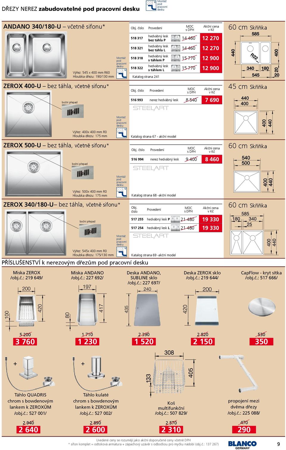 540 7 690 Výřez: 400x 400 mm R0 Hloubka dřezu: 175 mm ZEROX 500-U bez táhla, včetně sifonu* boční přepad Katalog strana 67 - akční model 516 994 nerez hedvábný lesk 9 400 8 460 Výřez: 500x 400 mm R0