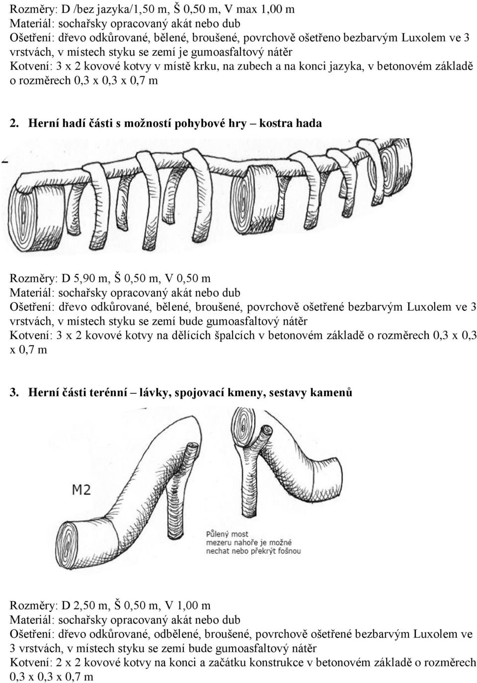 Herní hadí části s možností pohybové hry kostra hada - herní části terénní lávky, spojovací kmeny, sestavy kamenů Rozměry: D 5,90 m, Š 0,50 m, V 0,50 m Kotvení: 3 x 2 kovové kotvy na