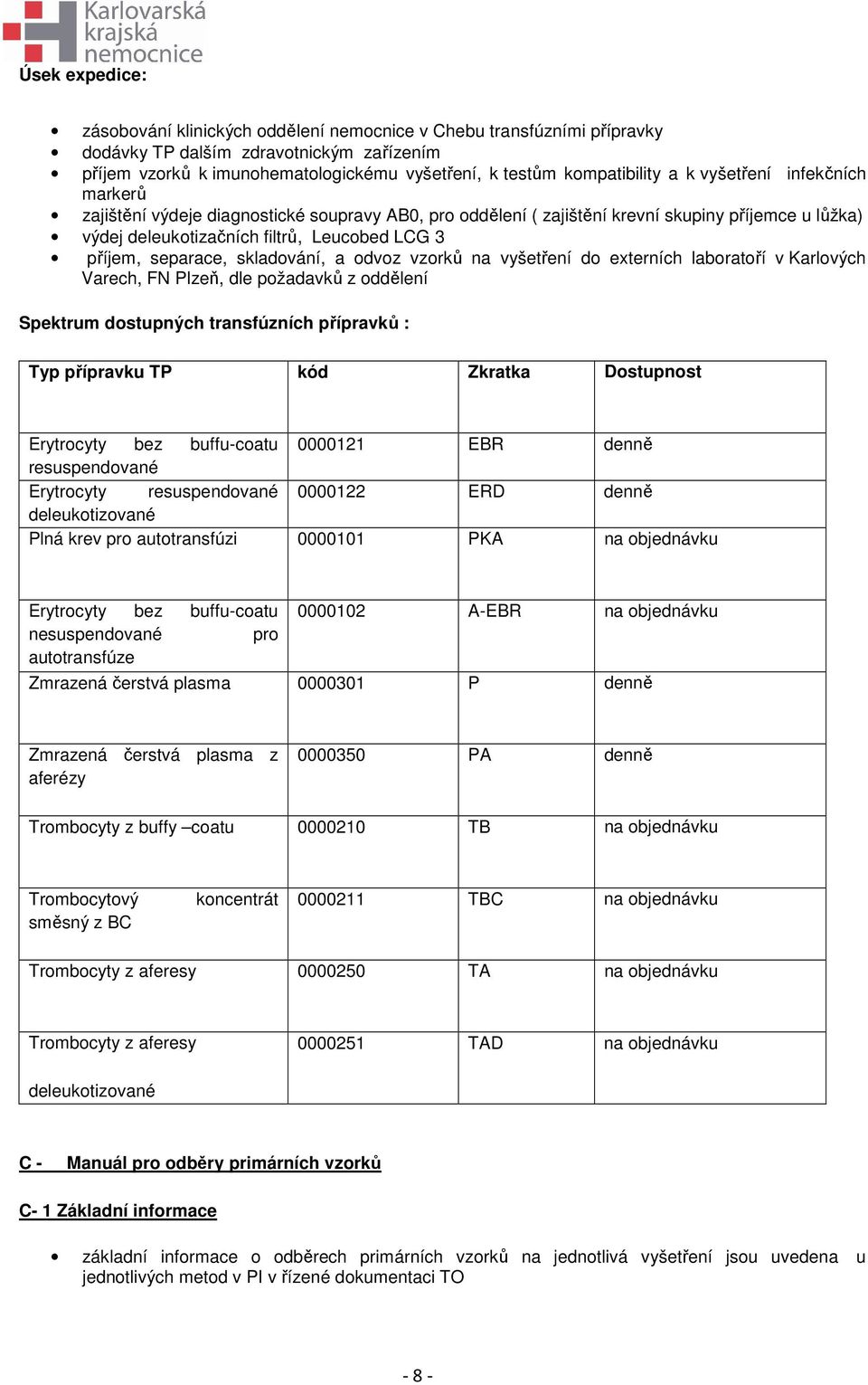 skladování, a odvoz vzorků na vyšetření do externích laboratoří v Karlových Varech, FN Plzeň, dle požadavků z oddělení Spektrum dostupných transfúzních přípravků : Typ přípravku TP kód Zkratka