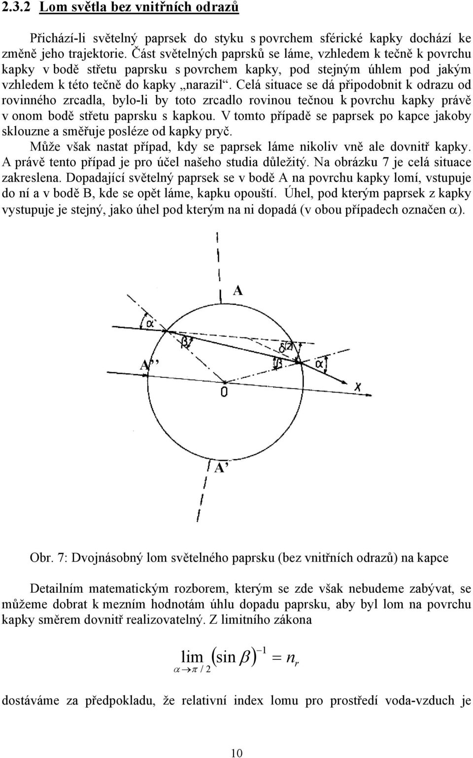 Celá situace se dá připodobnit k odrazu od rovinného zrcadla, bylo-li by toto zrcadlo rovinou tečnou k povrchu kapky právě v onom bodě střetu paprsku s kapkou.