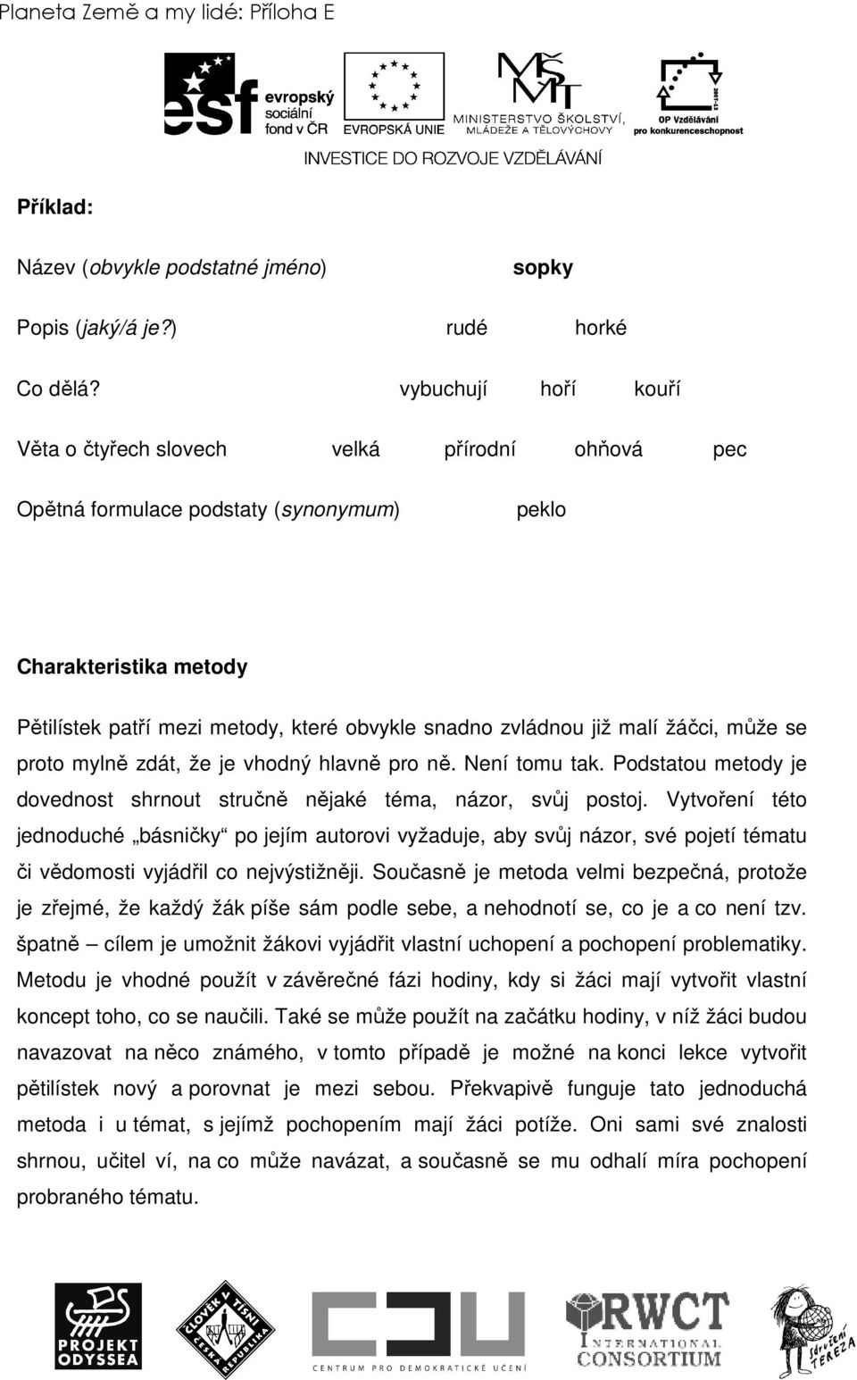 již malí žáčci, může se proto mylně zdát, že je vhodný hlavně pro ně. Není tomu tak. Podstatou metody je dovednost shrnout stručně nějaké téma, názor, svůj postoj.