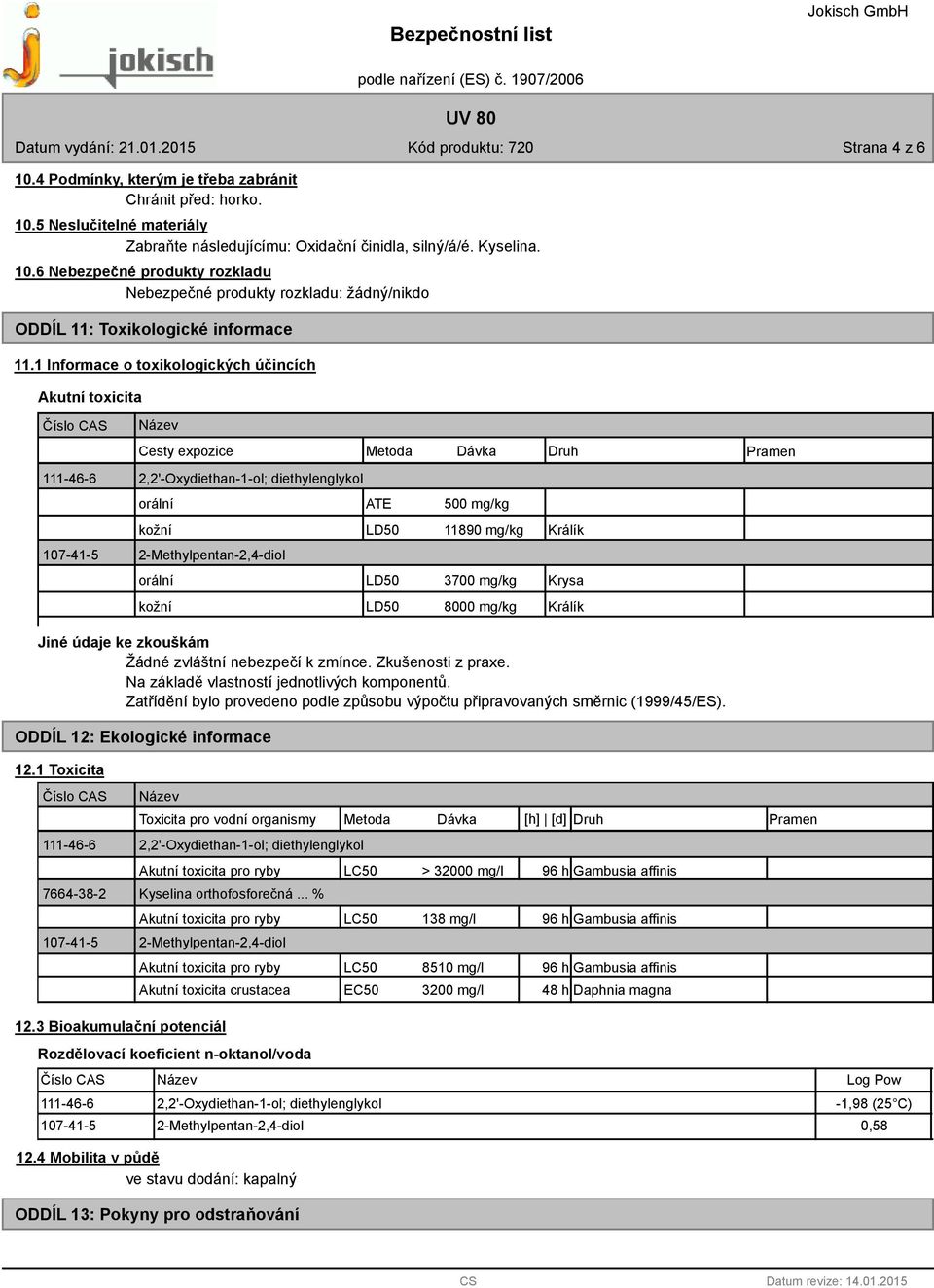 107-41-5 2-Methylpentan-2,4-diol orální LD50 3700 mg/kg Krysa kožní LD50 8000 mg/kg Králík Jiné údaje ke zkouškám Žádné zvláštní nebezpečí k zmínce. Zkušenosti z praxe.