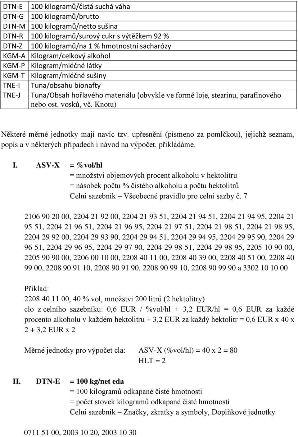 ost. vosků, vč. Knotu) Některé měrné jednotky mají navíc tzv. upřesnění (písmeno za pomlčkou), jejichž seznam, popis a v některých případech i návod na výpočet, přikládáme. I.