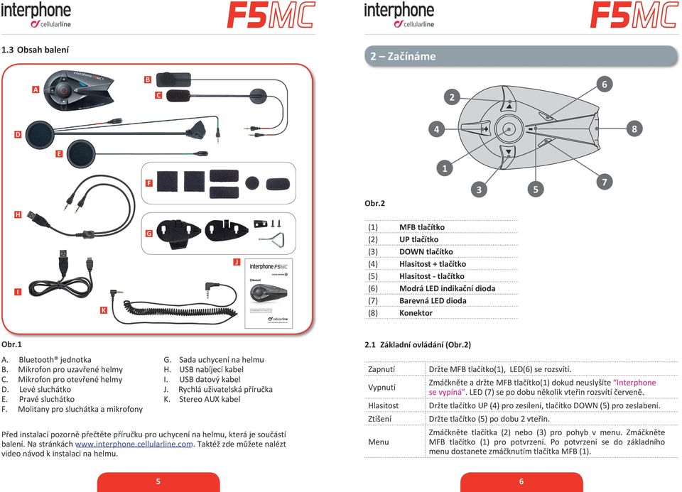 1 2.1 Základní ovládání (Obr.2) A. Bluetooth jednotka B. Mikrofon pro uzavřené helmy C. Mikrofon pro otevřené helmy D. Levé sluchátko E. Pravé sluchátko F. Molitany pro sluchátka a mikrofony G.