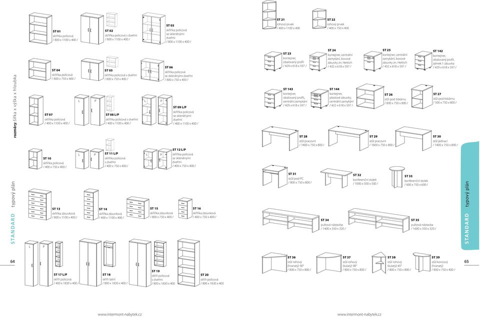 policová / 400 x 750 x 400 / ST 13 skříňka zásuvková / 800 x 1100 x 400 / ST 05 skříňka policová s dveřmi / 800 x 750 x 400 / L P L ST 08 L/P skříňka policová s dveřmi / 400 x 1100 x 400 / L P ST 11