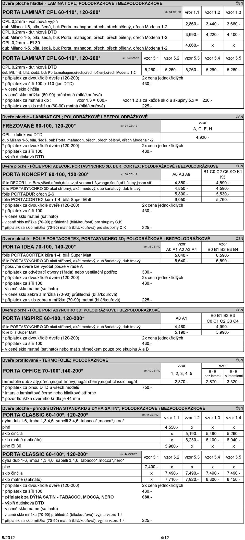 ořech, ořech bělený, ořech Modena 1-2 str. 34 CZ1/12 vror 1.1 1.2 4,220.- 2,860.- 3,690.- 4,400.- 1.3 3,440.- 3,660.- 4,860.- PORTA LAMINÁT CPL 60-110*, 120-200* str. 34 CZ1/12 5.1 5.2 5.3 5.4 5.