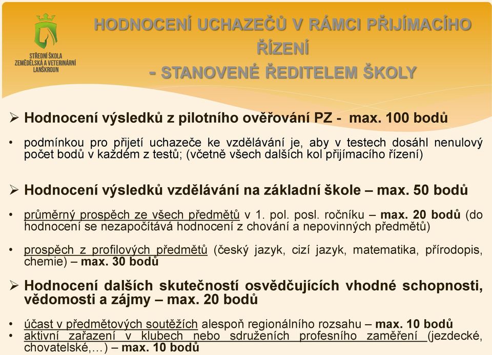 základní škole max. 50 bodů průměrný prospěch ze všech předmětů v 1. pol. posl. ročníku max.