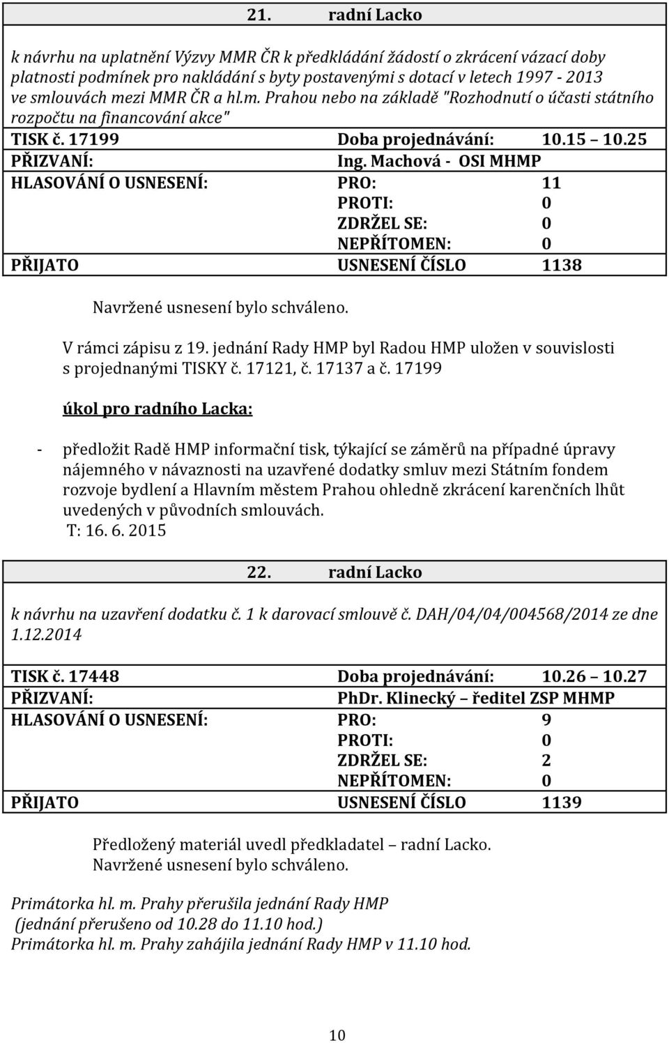 Machová - OSI MHMP PŘIJATO USNESENÍ ČÍSLO 1138 V rámci zápisu z 19. jednání Rady HMP byl Radou HMP uložen v souvislosti s projednanými TISKY č. 17121, č. 17137 a č.