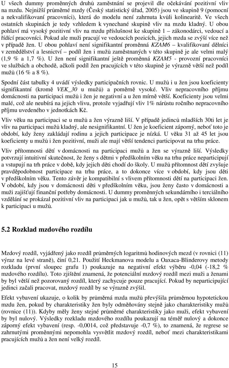 Ve všech ostatních skupnách je tedy vzhledem k vynechané skupně vlv na mzdu kladný. U obou pohlaví má vysoký poztvní vlv na mzdu příslušnost ke skupně 1 zákonodárc, vedoucí a řídící pracovníc.