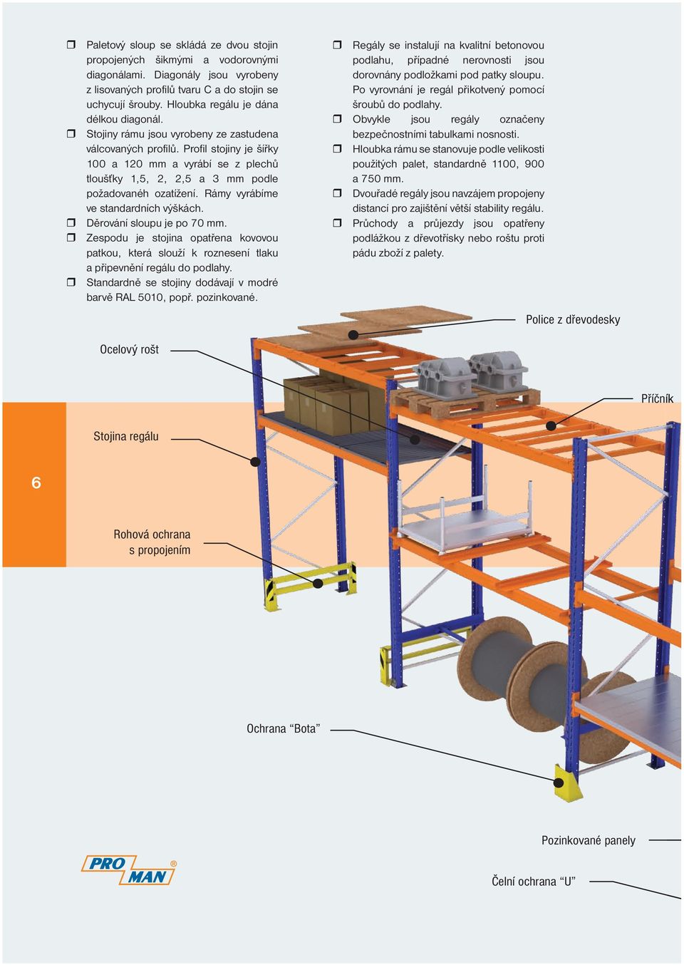 Profil stojiny je šířky 100 a 120 mm a vyrábí se z plechů tloušťky 1,5, 2, 2,5 a 3 mm podle požadovanéh ozatížení. Rámy vyrábíme ve standardních výškách. Děrování sloupu je po 70 mm.