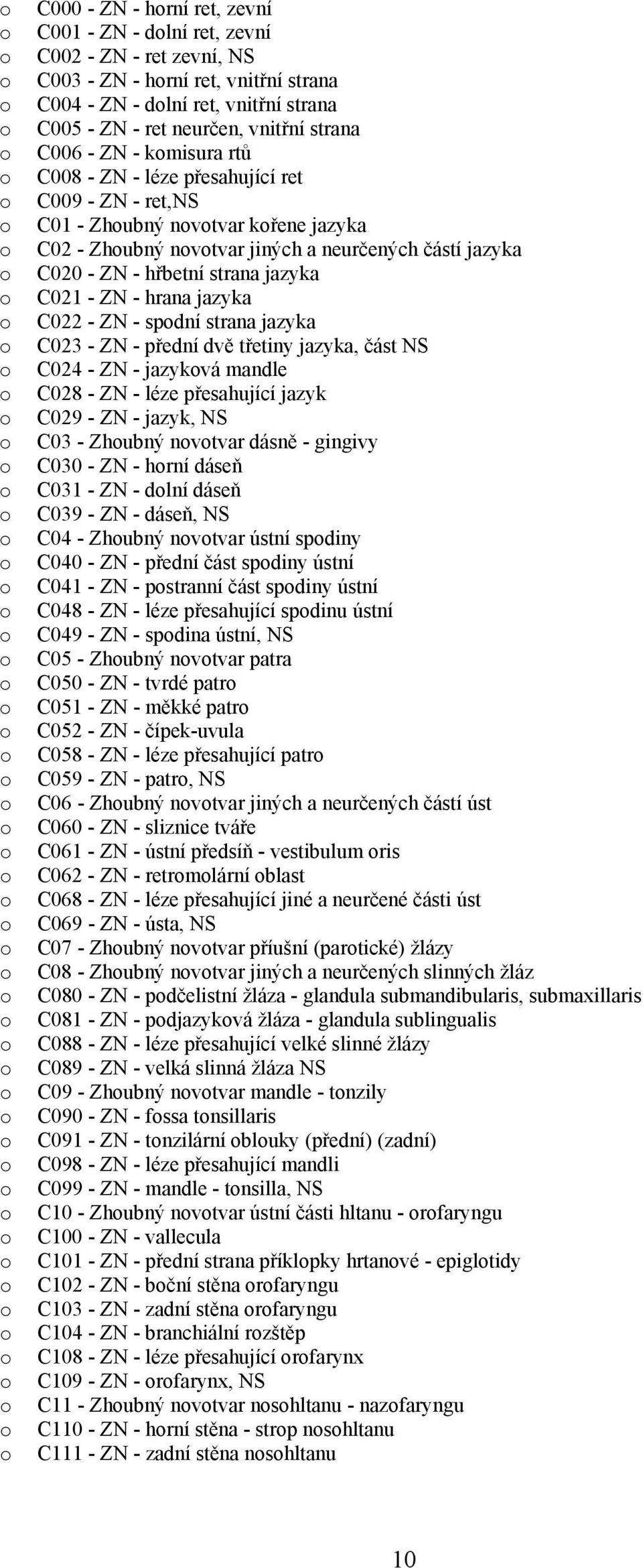 C021 - ZN - hrana jazyka C022 - ZN - spdní strana jazyka C023 - ZN - přední dvě třetiny jazyka, část NS C024 - ZN - jazykvá mandle C028 - ZN - léze přesahující jazyk C029 - ZN - jazyk, NS C03 -