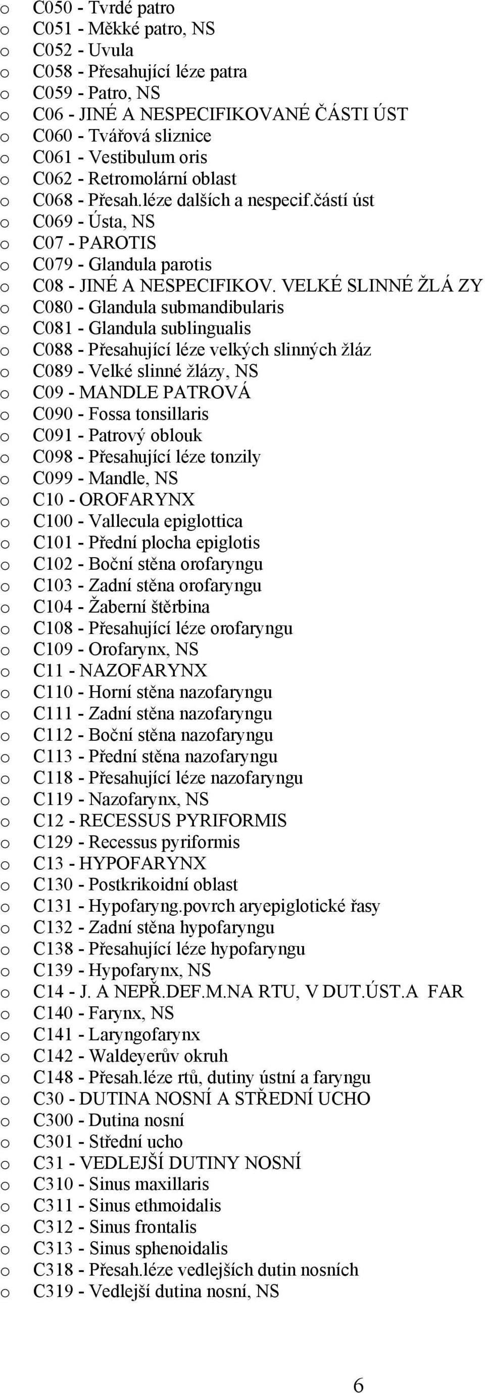 VELKÉ SLINNÉ ŽLÁ ZY C080 - Glandula submandibularis C081 - Glandula sublingualis C088 - Přesahující léze velkých slinných žláz C089 - Velké slinné žlázy, NS C09 - MANDLE PATROVÁ C090 - Fssa