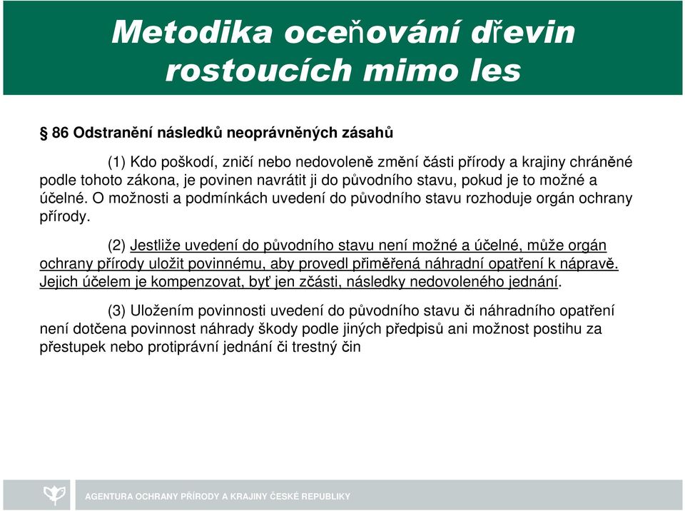 (2) Jestliže uvedení do původního stavu není možné a účelné, může orgán ochrany přírody uložit povinnému, aby provedl přiměřená náhradní opatření k nápravě.