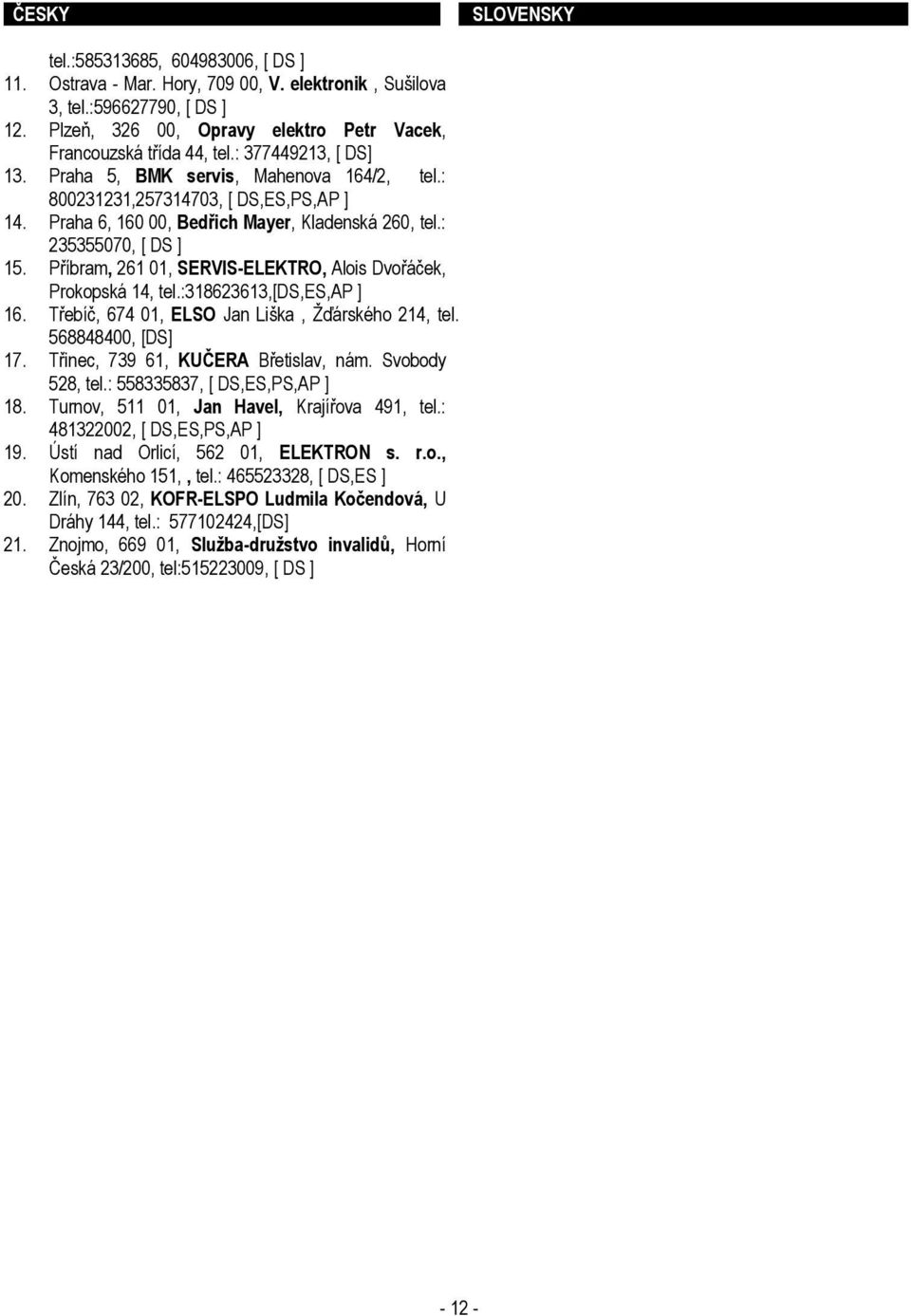 Příbram, 261 01, SERVIS-ELEKTRO, Alois Dvořáček, Prokopská 14, tel.:318623613,[ds,es,ap ] 16. Třebíč, 674 01, ELSO Jan Liška, Ţďárského 214, tel.: 568848400, [DS] 17.