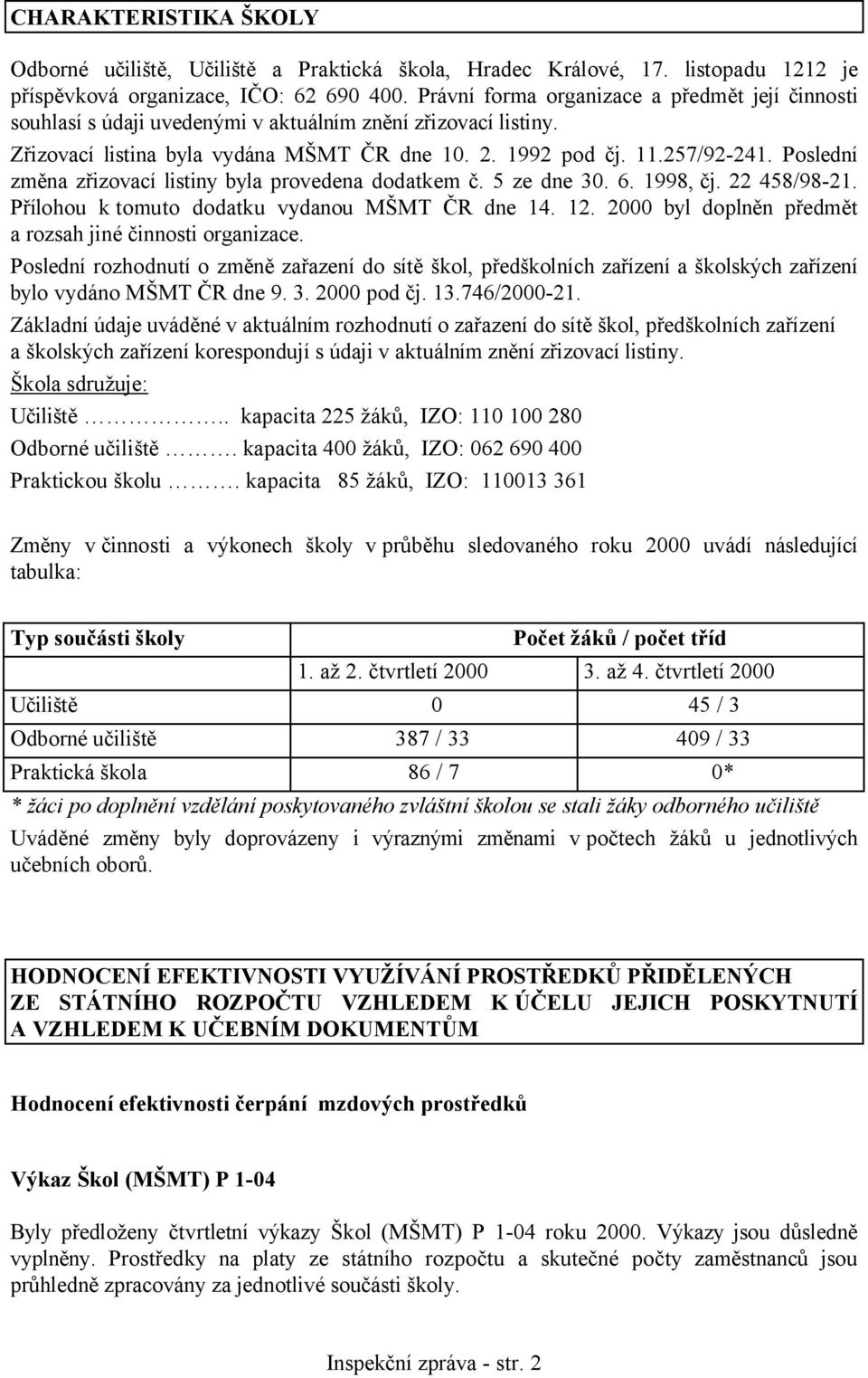 Poslední změna zřizovací listiny byla provedena dodatkem č. 5 ze dne 30. 6. 1998, čj. 22 458/98-21. Přílohou k tomuto dodatku vydanou MŠMT ČR dne 14. 12.