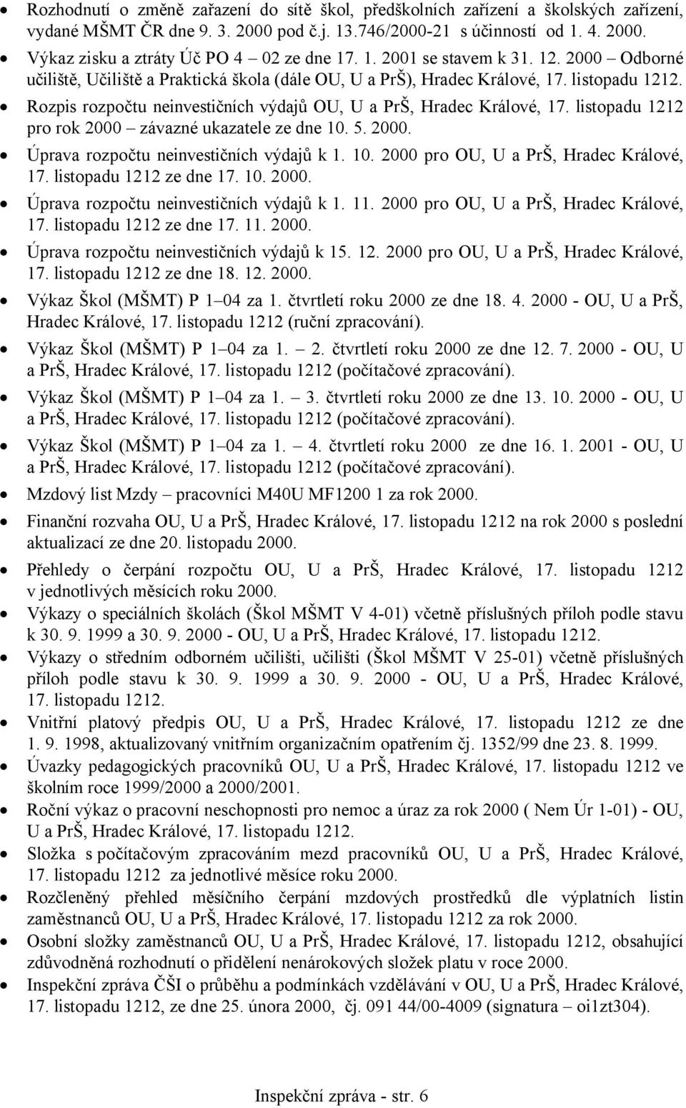 Rozpis rozpočtu neinvestičních výdajů OU, U a PrŠ, Hradec Králové, 17. listopadu 1212 pro rok 2000 závazné ukazatele ze dne 10. 5. 2000. Úprava rozpočtu neinvestičních výdajů k 1. 10. 2000 pro OU, U a PrŠ, Hradec Králové, 17.