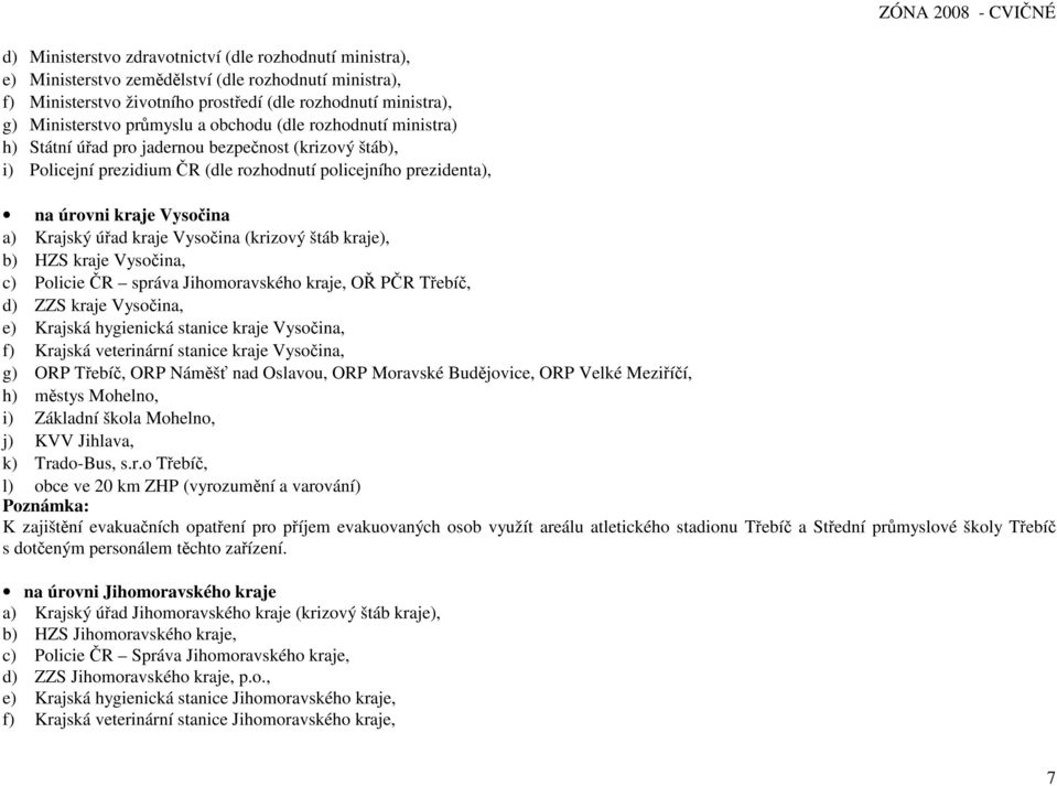 kraje Vysočina (krizový štáb kraje), b) HZS kraje Vysočina, c) Policie ČR správa Jihomoravského kraje, OŘ PČR Třebíč, d) ZZS kraje Vysočina, e) Krajská hygienická stanice kraje Vysočina, f) Krajská