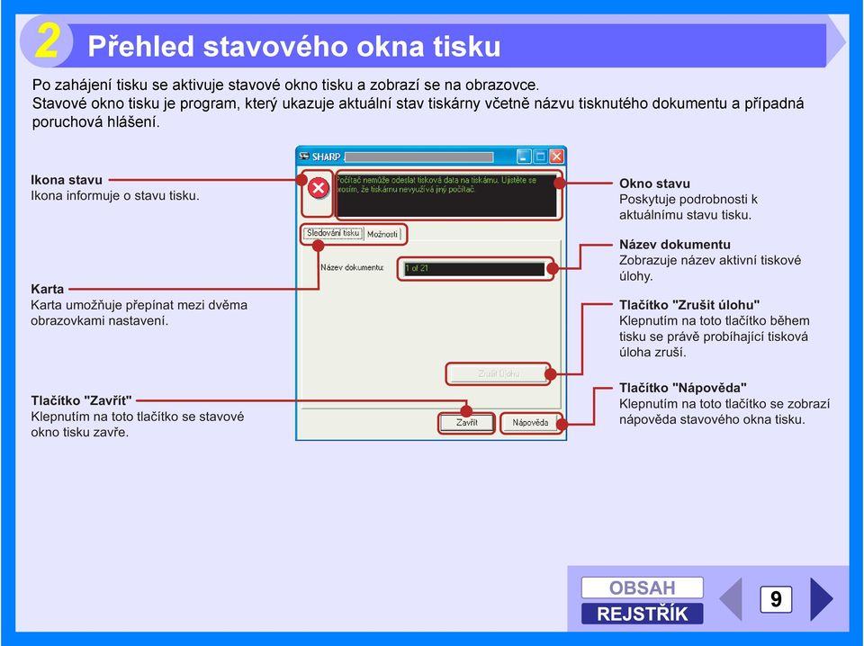 Karta Karta umožňuje přepínat mezi dvěma obrazovkami nastavení. Tlačítko "Zavřít" Klepnutím na toto tlačítko se stavové okno tisku zavře.