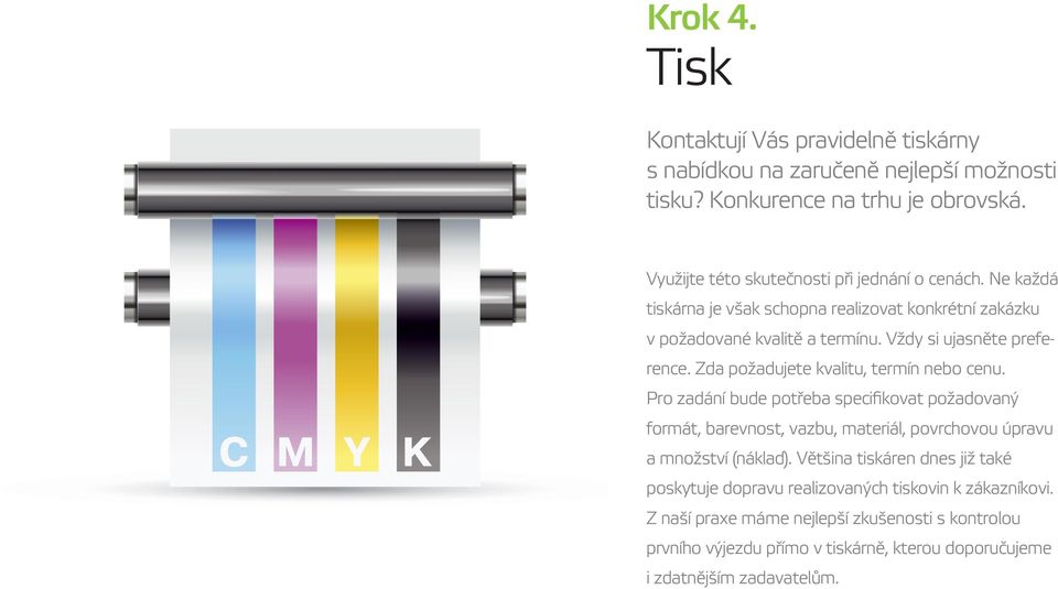 Zda požadujete kvalitu, termín nebo cenu. Pro zadání bude potřeba specifikovat požadovaný formát, barevnost, vazbu, materiál, povrchovou úpravu a množství (náklad).