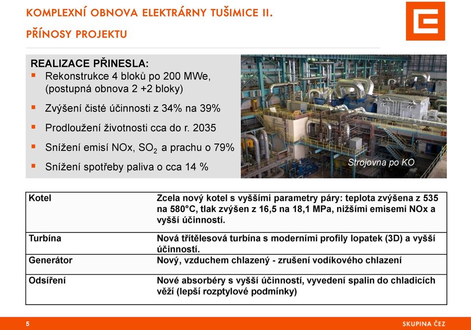 2035 Snížení emisí NOx, SO 2 a prachu o 79% Snížení spotřeby paliva o cca 14 % Strojovna po KO Kotel Zcela nový kotel s vyššími parametry páry: teplota zvýšena z 535 na 580 C,