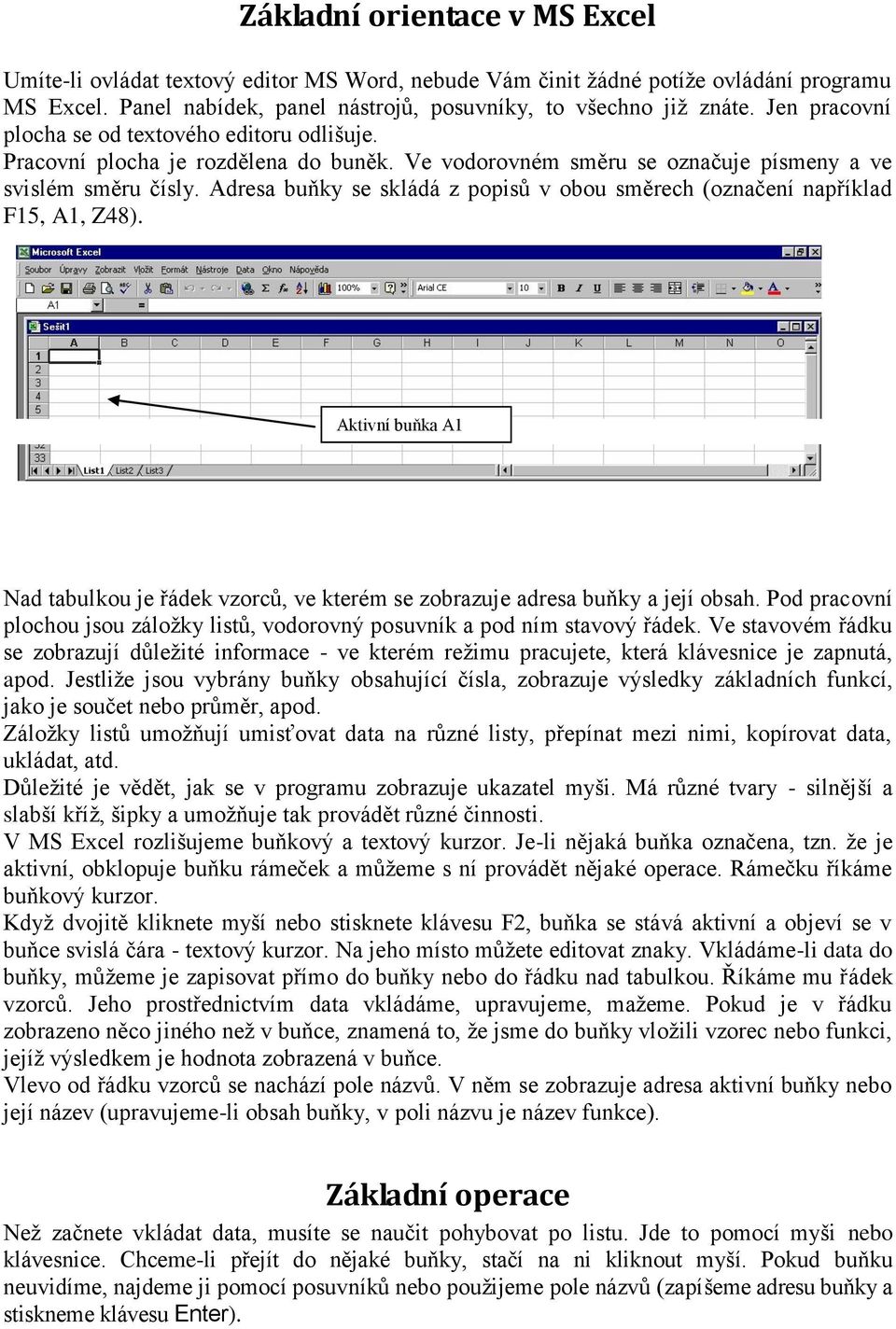 Adresa buňky se skládá z popisů v obou směrech (označení například F15, A1, Z48). Aktivní buňka A1 Nad tabulkou je řádek vzorců, ve kterém se zobrazuje adresa buňky a její obsah.