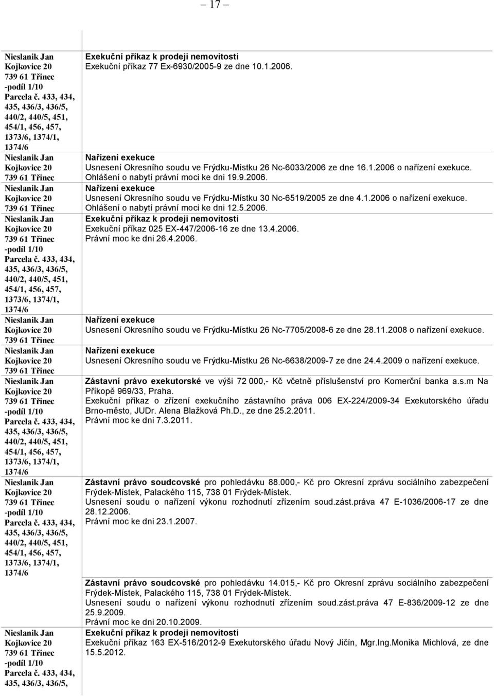 433, 434, 435, 436/3, 436/5, Exekuční příkaz k prodeji nemovitosti Exekuční příkaz 77 Ex-6930/2005-9 ze dne 10.1.2006.