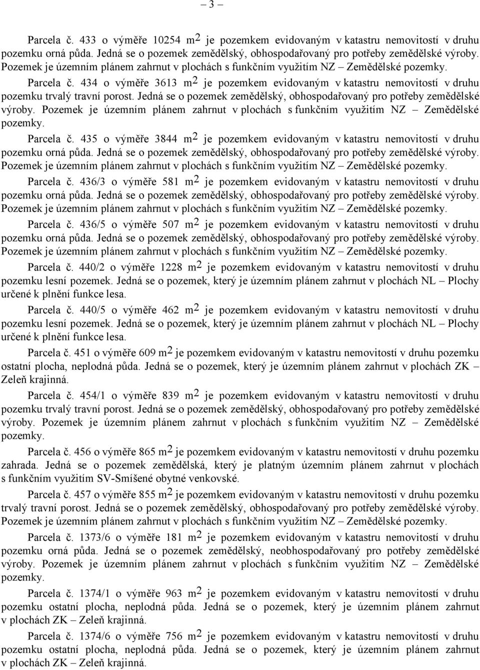 435 o výměře 3844 m 2 je pozemkem evidovaným v katastru nemovitostí v druhu pozemku orná půda. Jedná se o pozemek zemědělský, obhospodařovaný pro potřeby zemědělské výroby. Parcela č.