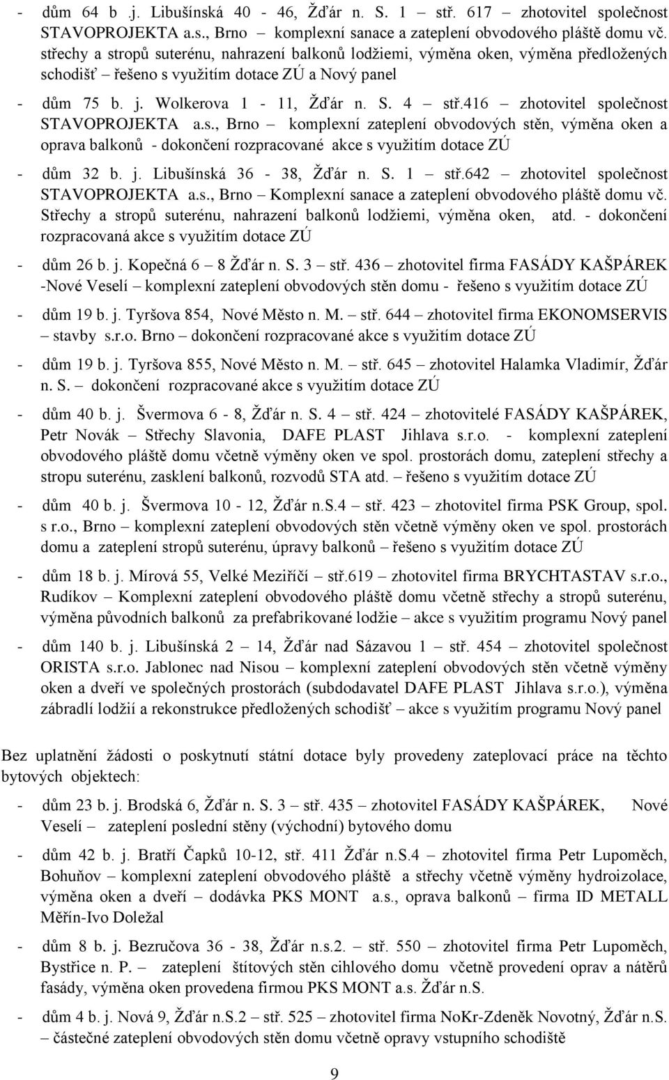 416 zhotovitel společnost STAVOPROJEKTA a.s., Brno komplexní zateplení obvodových stěn, výměna oken a oprava balkonů - dokončení rozpracované akce s využitím dotace ZÚ - dům 32 b. j.