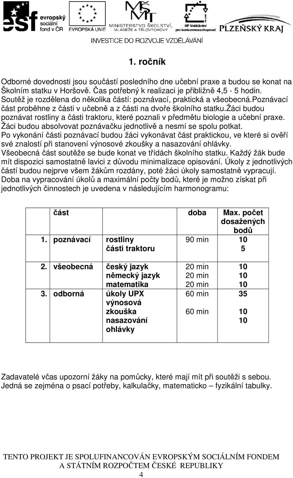 žáci budou poznávat rostliny a části traktoru, které poznali v předmětu biologie a učební praxe. Žáci budou absolvovat poznávačku jednotlivě a nesmí se spolu potkat.