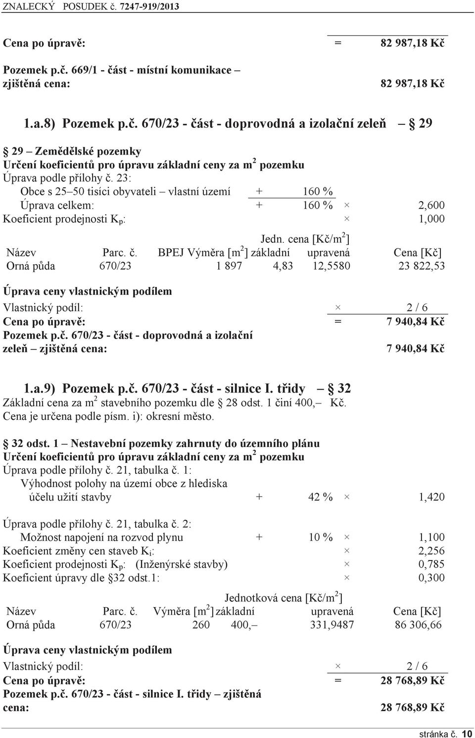 BPEJ Výměra [m 2 ] základní upravená Cena [Kč] Orná půda 670/23 1 897 4,83 12,5580 23 822,53 Cena po úpravě: = 7 940,84 Kč Pozemek p.č. 670/23 - část - doprovodná a izolační zeleň zjištěná cena: 7 940,84 Kč 1.