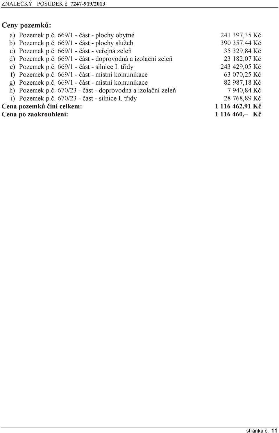 č. 669/1 - část - místní komunikace 82 987,18 Kč h) Pozemek p.č. 670/23 - část - doprovodná a izolační zeleň 7 940,84 Kč i) Pozemek p.č. 670/23 - část - silnice I.