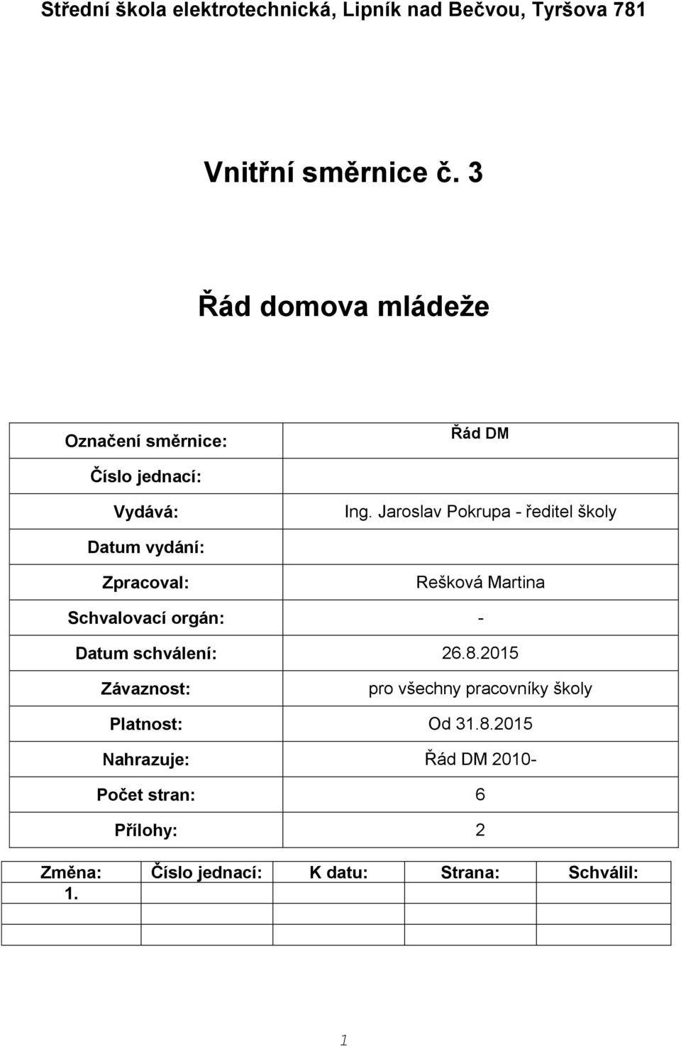Jaroslav Pokrupa - ředitel školy Datum vydání: Zpracoval: Rešková Martina Schvalovací orgán: - Datum schválení: