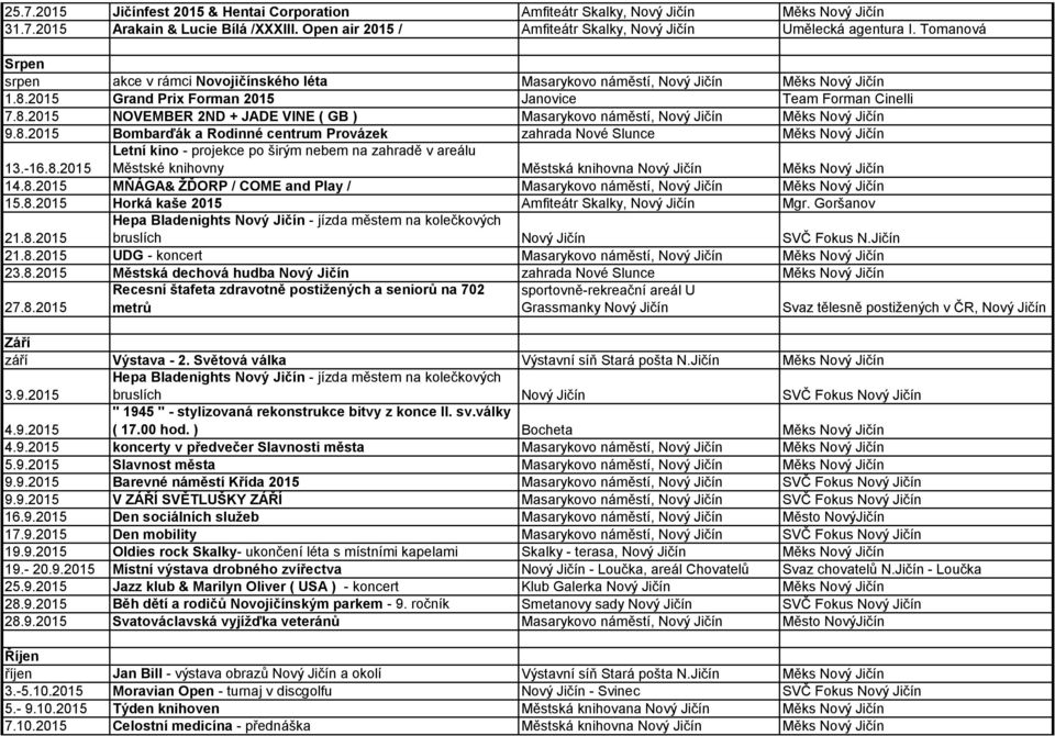 8.2015 Bombarďák a Rodinné centrum Provázek zahrada Nové Slunce Měks Nový Jičín 13.-16.8.2015 Letní kino - projekce po širým nebem na zahradě v areálu Městské knihovny Městská knihovna Nový Jičín Měks Nový Jičín 14.