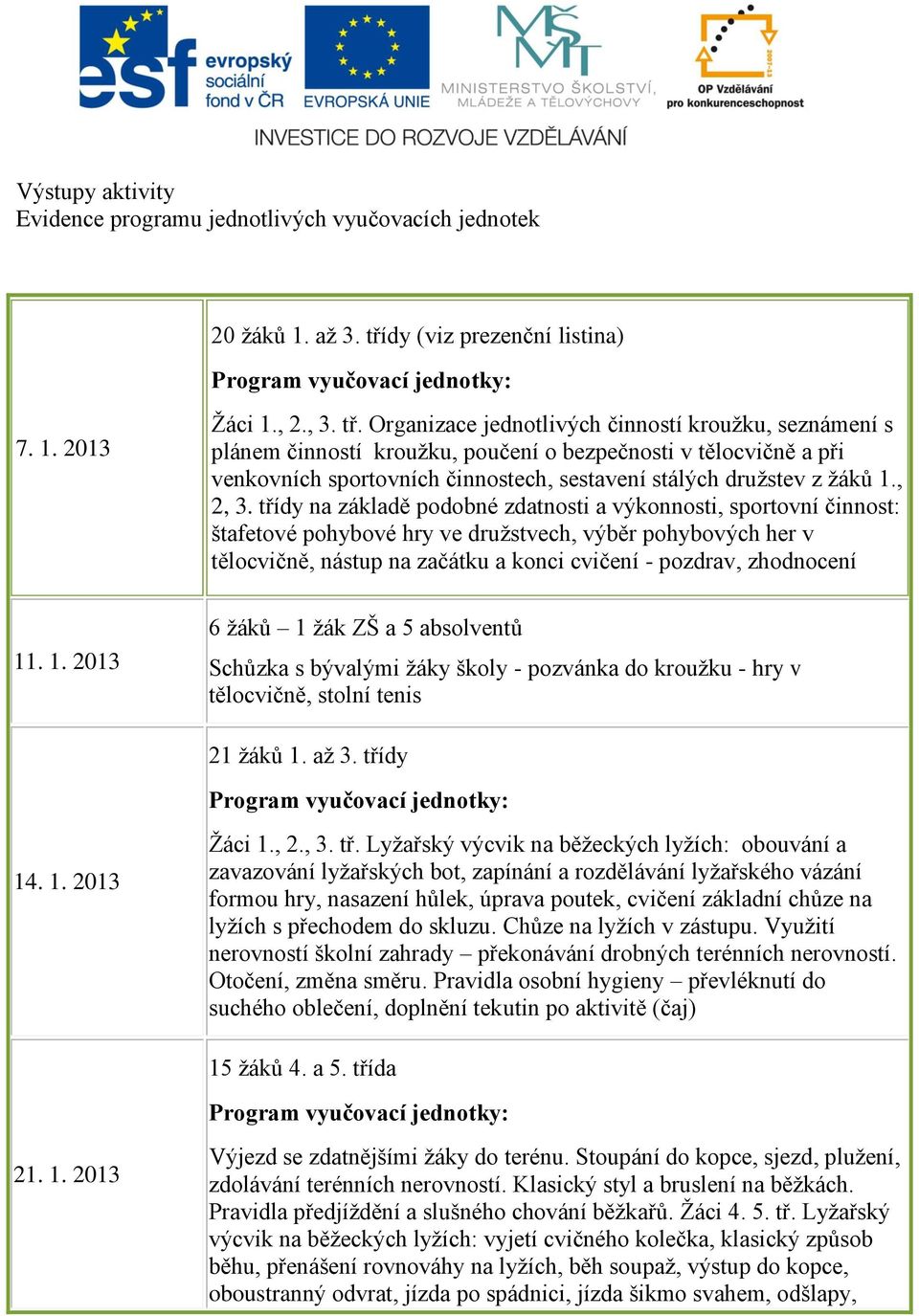 Organizace jednotlivých činností kroužku, seznámení s plánem činností kroužku, poučení o bezpečnosti v tělocvičně a při venkovních sportovních činnostech, sestavení stálých družstev z žáků 1., 2, 3.