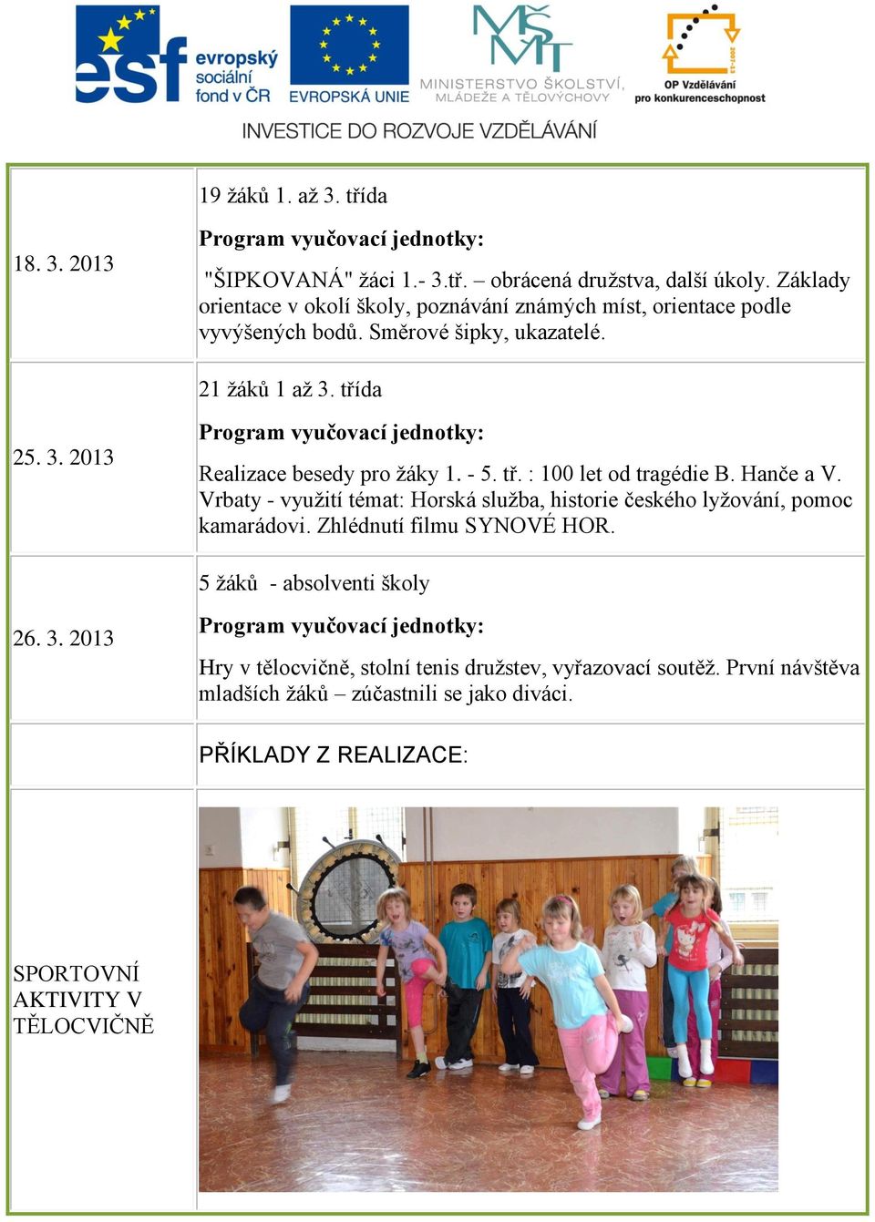 třída 25. 3. 2013 Realizace besedy pro žáky 1. - 5. tř. : 100 let od tragédie B. Hanče a V.