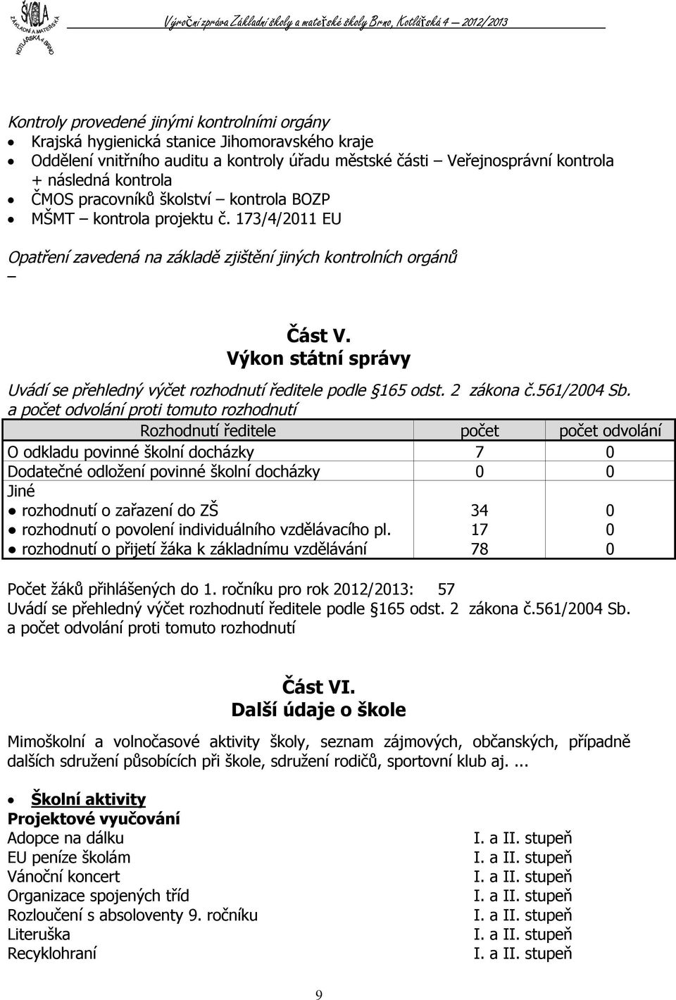 Výkon státní správy Uvádí se přehledný výčet rozhodnutí ředitele podle 165 odst. 2 zákona č.561/2004 Sb.