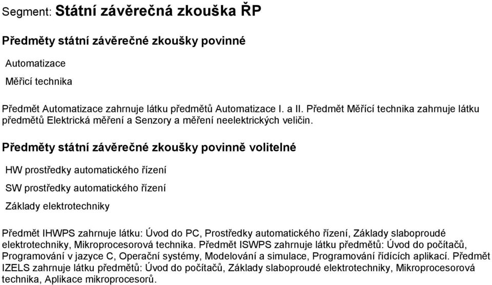 Předměty státní závěrečné zkoušky povinně volitelné HW prostředky automatického řízení SW prostředky automatického řízení Základy elektrotechniky Předmět IHWPS zahrnuje látku: Úvod do PC, Prostředky