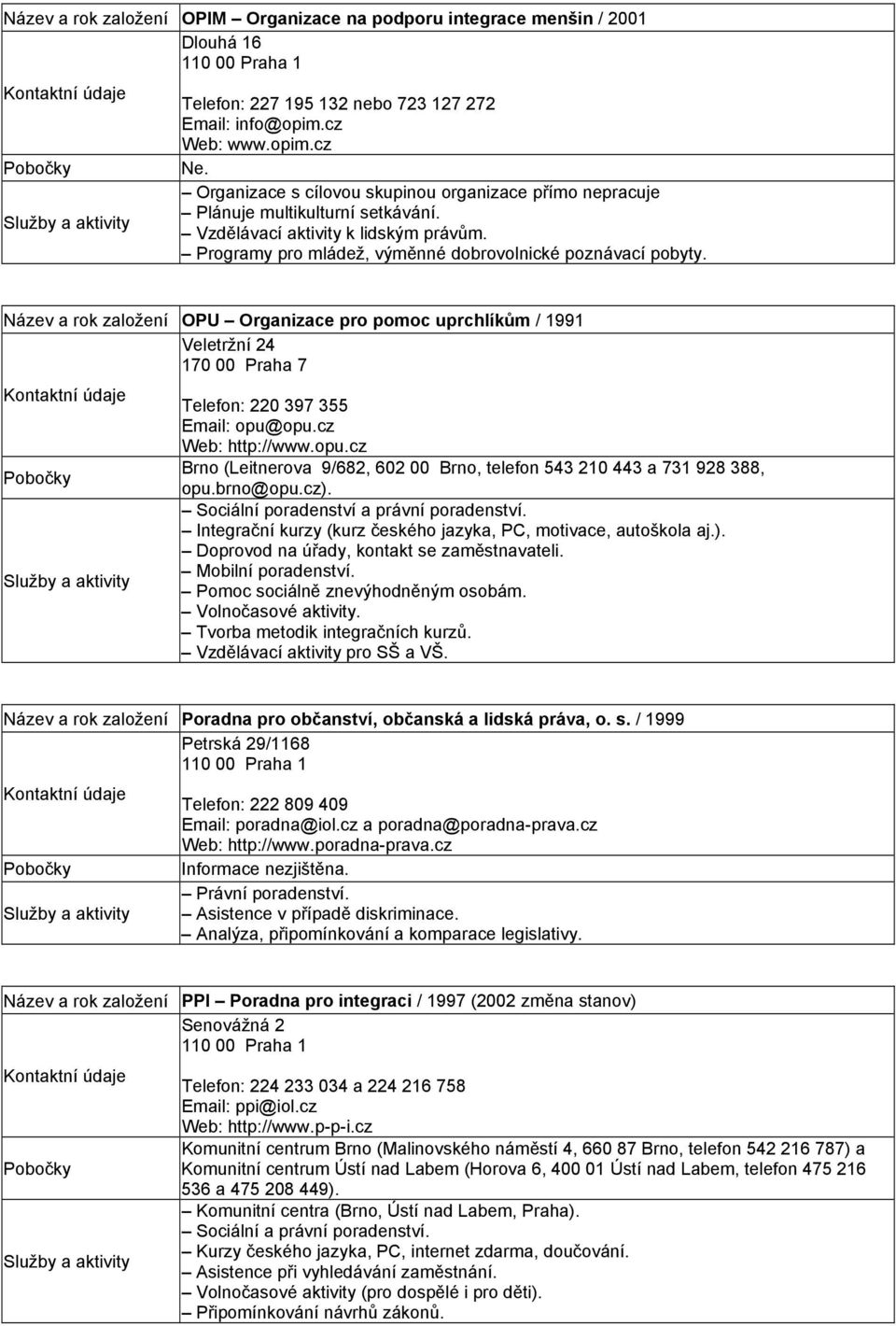 Programy pro mládež, výměnné dobrovolnické poznávací pobyty. Název a rok založení OPU Organizace pro pomoc uprchlíkům / 1991 Veletržní 24 170 00 Praha 7 Telefon: 220 397 355 Email: opu@opu.
