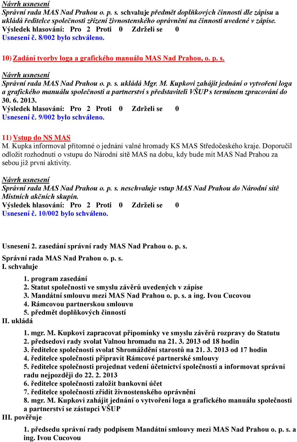 S Nad Prahou, o. p. s. Správní rada MAS Nad Prahou o. p. s. ukládá Mgr. M. Kupkovi zahájit jednání o vytvoření loga a grafického manuálu společnosti a partnerství s představiteli VŠUP s termínem zpracování do 30.
