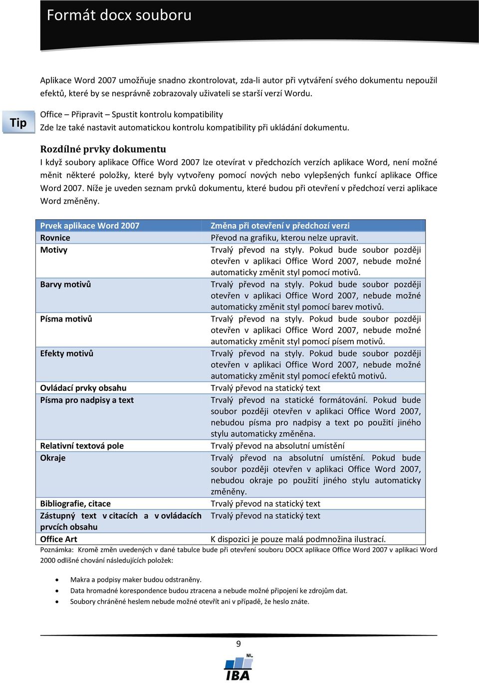 Rozdílné prvky dokumentu I když soubory aplikace Office Word 2007 lze otevírat v předchozích verzích aplikace Word, není možné měnit některé položky, které byly vytvořeny pomocí nových nebo