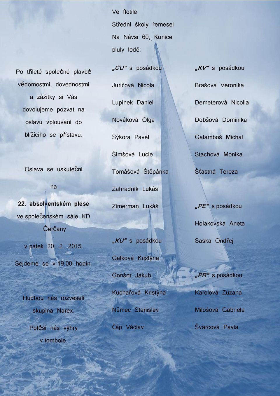 CU s posádkou Juričová Nicola Lupínek Daniel Nováková Olga Sýkora Pavel Šimšová Lucie Tomášová Štěpánka Zahradník Lukáš Zimerman Lukáš KU s posádkou Galková Kristýna Gonšor Jakub Kuchařová Kristýna
