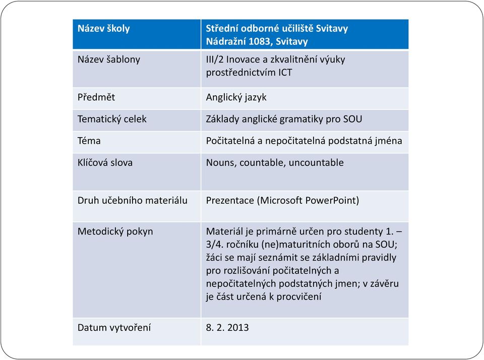 materiálu Prezentace (Microsoft PowerPoint) Metodický pokyn Materiál je primárně určen pro studenty 1. 3/4.