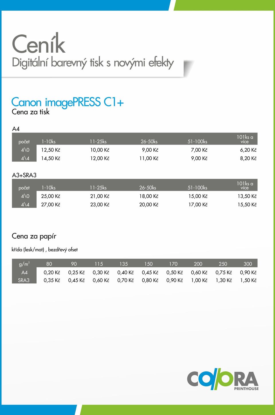 Kč 15,00 Kč 13,50 Kč 4\4 27,00 Kč 23,00 Kč 20,00 Kč 17,00 Kč 15,50 Kč Cena za papír křída (lesk/mat), bezdřevý ofset 2 g/m 80 90 115 135 150 170 200 250