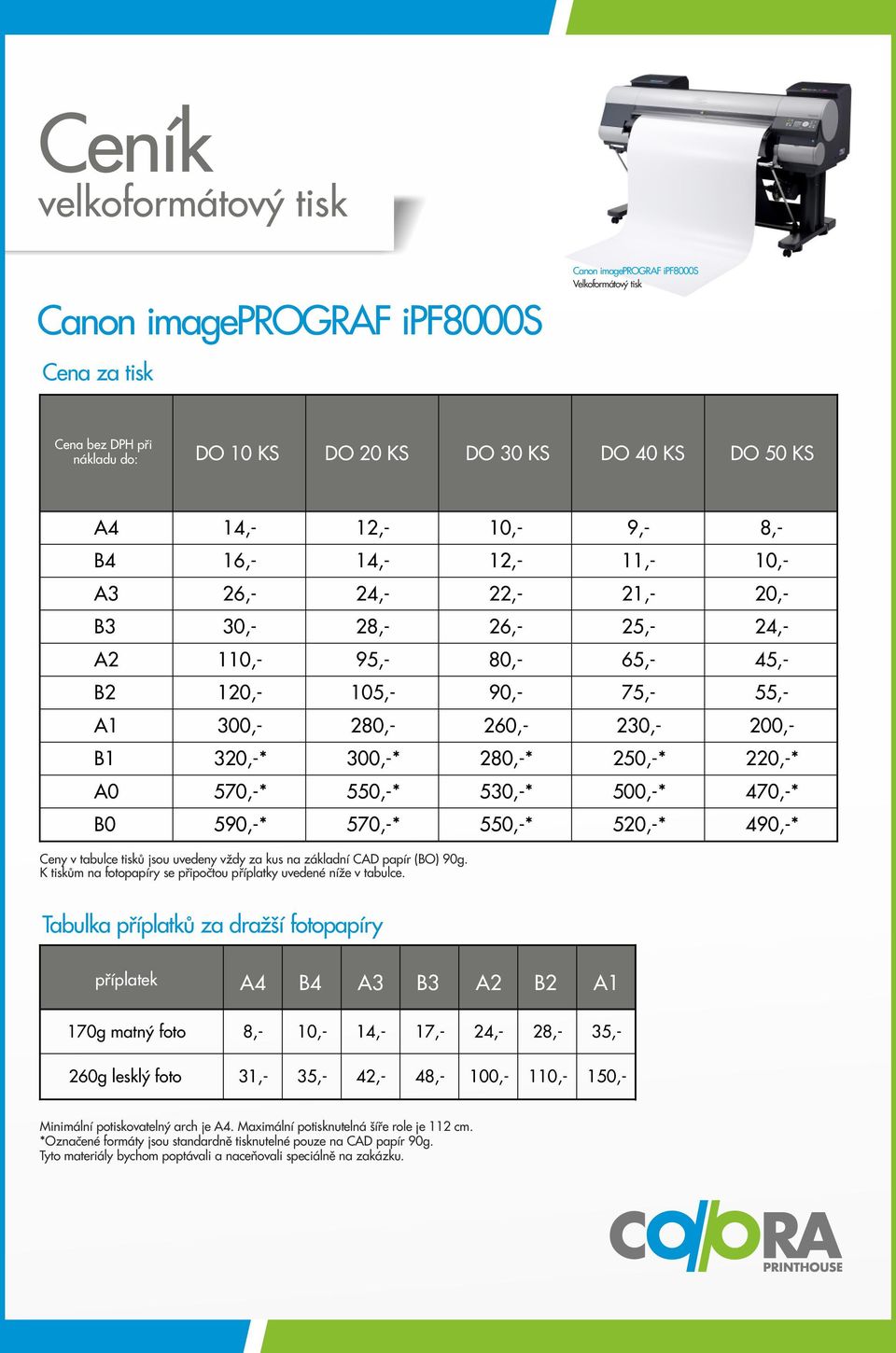 300,-* 280,-* 250,-* 220,-* A0 570,-* 550,-* 530,-* 500,-* 470,-* B0 590,-* 570,-* 550,-* 520,-* 490,-* Ceny v tabulce tisků jsou uvedeny vždy za kus na základní CAD papír (BO) 90g.