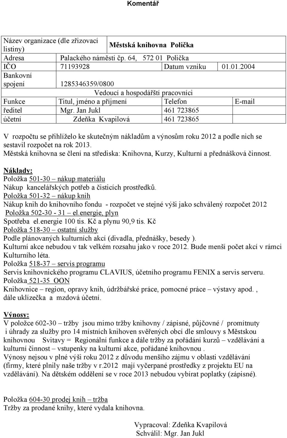 Jan Jukl 461 723865 účetní Zdeňka Kvapilová 461 723865 V rozpočtu se přihlíželo ke skutečným nákladům a výnosům roku 2012 a podle nich se sestavil rozpočet na rok 2013.
