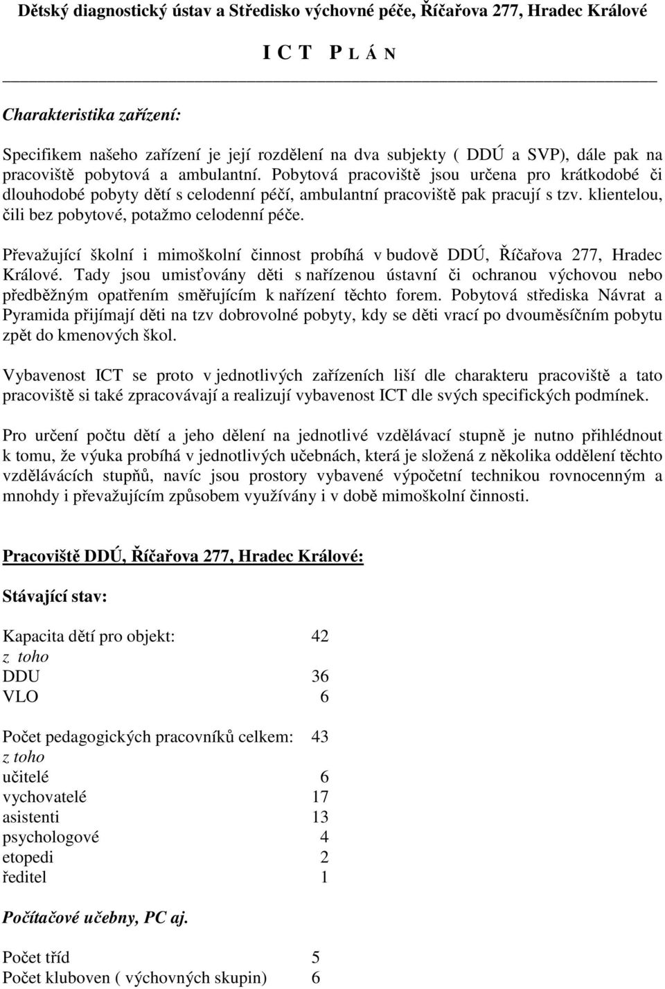 klientelou, čili bez pobytové, potažmo celodenní péče. Převažující školní i mimoškolní činnost probíhá v budově DDÚ, Říčařova 277, Hradec Králové.